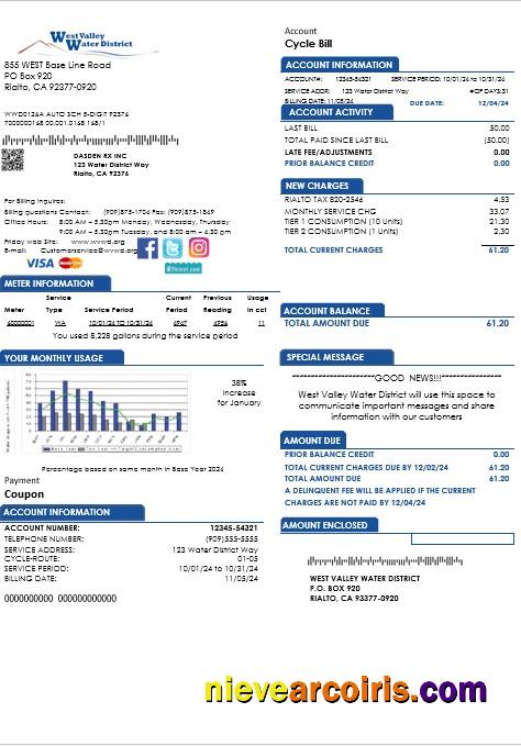USA California West Valley Water District business utility bill
